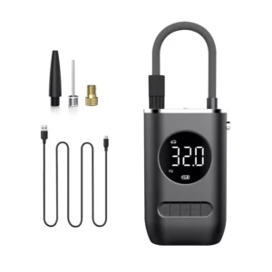 Electric Scooter & Bike Air Pump CZK-3668 with accessories shown to the left of the pump. Accessories include a cable and 3 nuts and bolts.