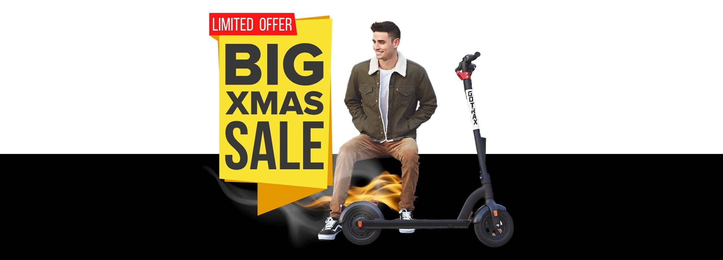 Banner displaying Big Xmas Sale with man sitting with an electric scooter.
