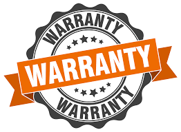Image of warranty seal. Grey circle with squiggle edging and orange banner running through the centre with warranty in white.