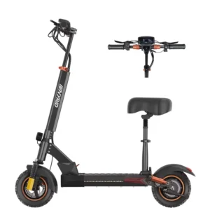 Side-on look of the iENYRID M4 Pro S+ 2025 electric scooter. Above the seat is a straight-on look at the handlebars from the rider's seat perspective.