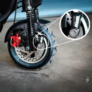 Electric scooter wheel with a close up view of the SURG electric scooter disc brake lock.