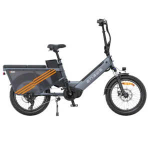 Side view of the ENGWE LE20 Step-Thru electric bike. Grey electric bike with orange accents.